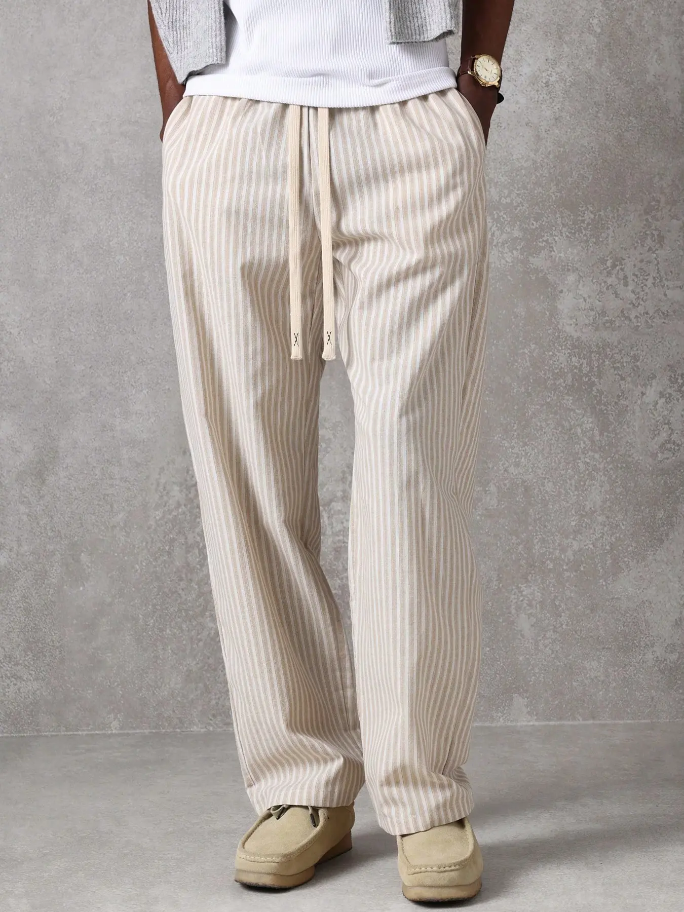 Men's Striped Linen Wide Leg Pants, Casual Drawstring Waist Loose Fit Long Pants, Ideal for Daily Wear, Vacation, Street Style