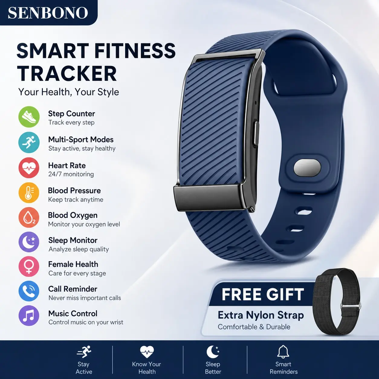 SENBONO Smart Bracelet IP68 Waterproof Fitness Band,Multi Sports Modes, Track Calories, Real-Time Heart Rate & Bp/spo2 Monitor, 15-Day Battery, Message Alerts