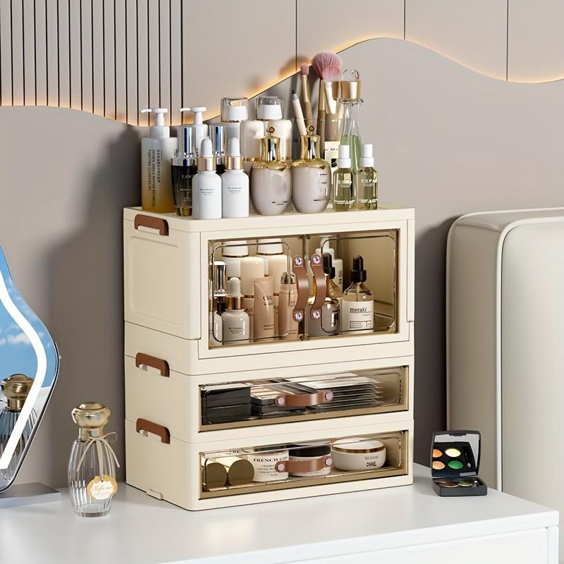 Foldable Large Makeup Storage Case with Drawers, Transparent Cosmetic Organizer Cabinet for Skincare and Makeup Products, Large Capacity
