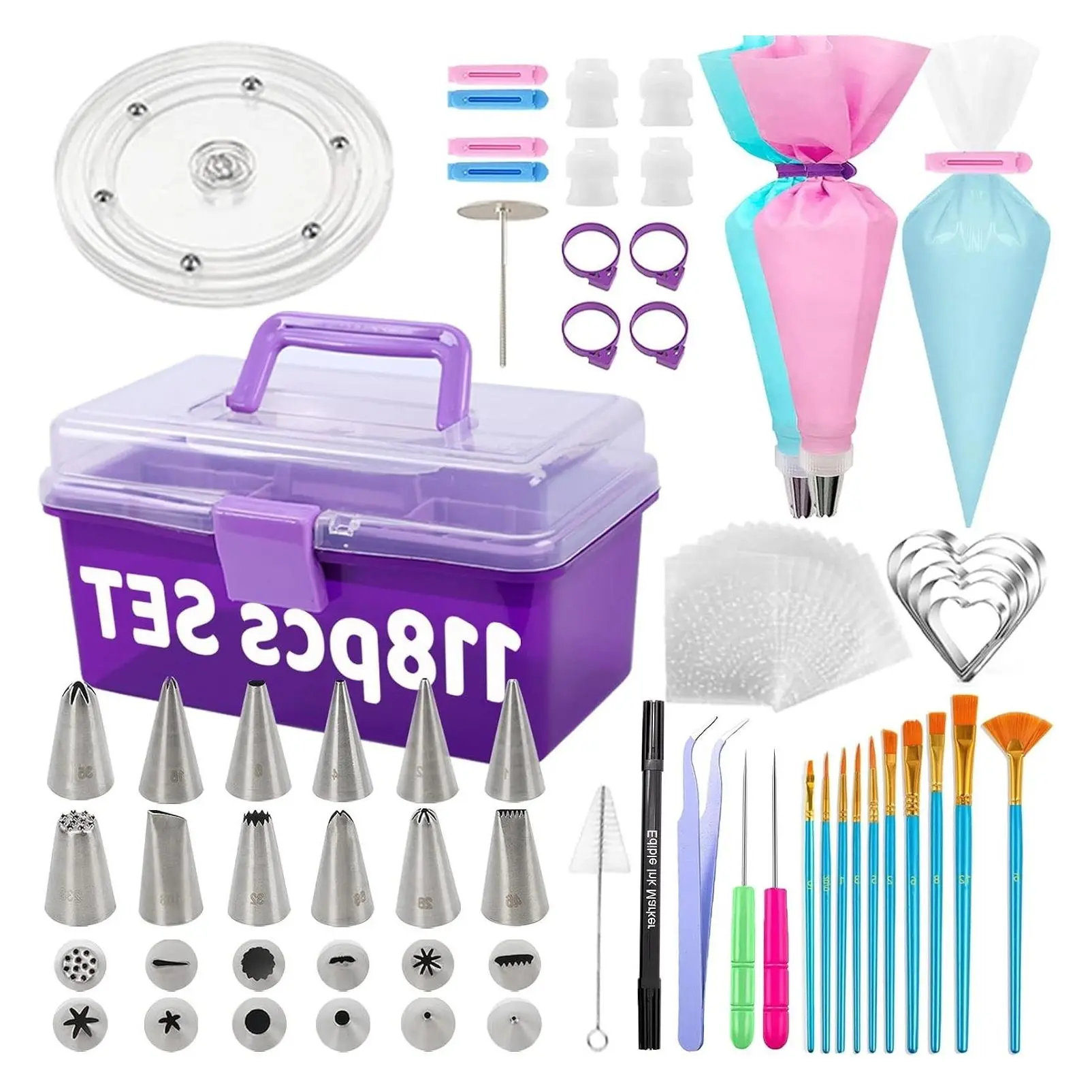 Cookie Decorating Kit 118pcs with Storage Case, Royal Sugar Piping Bags and Tips Icing Supplies Set, Turntable Scribe Decoration Tools for Kids Holiday Christmas ValentineGift