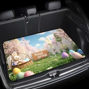 1pc Stylish Car Trunk Mat with Bright Spring Scene | Durable Polyester, Keeps Trunk Dry & Clean, Features White Picket Fence, Pink Cherry Blossoms, Pastel Easter Eggs, Woven Basket, Bunny Figurine, Happy Spring Sign, Blue Sky and White Daisies