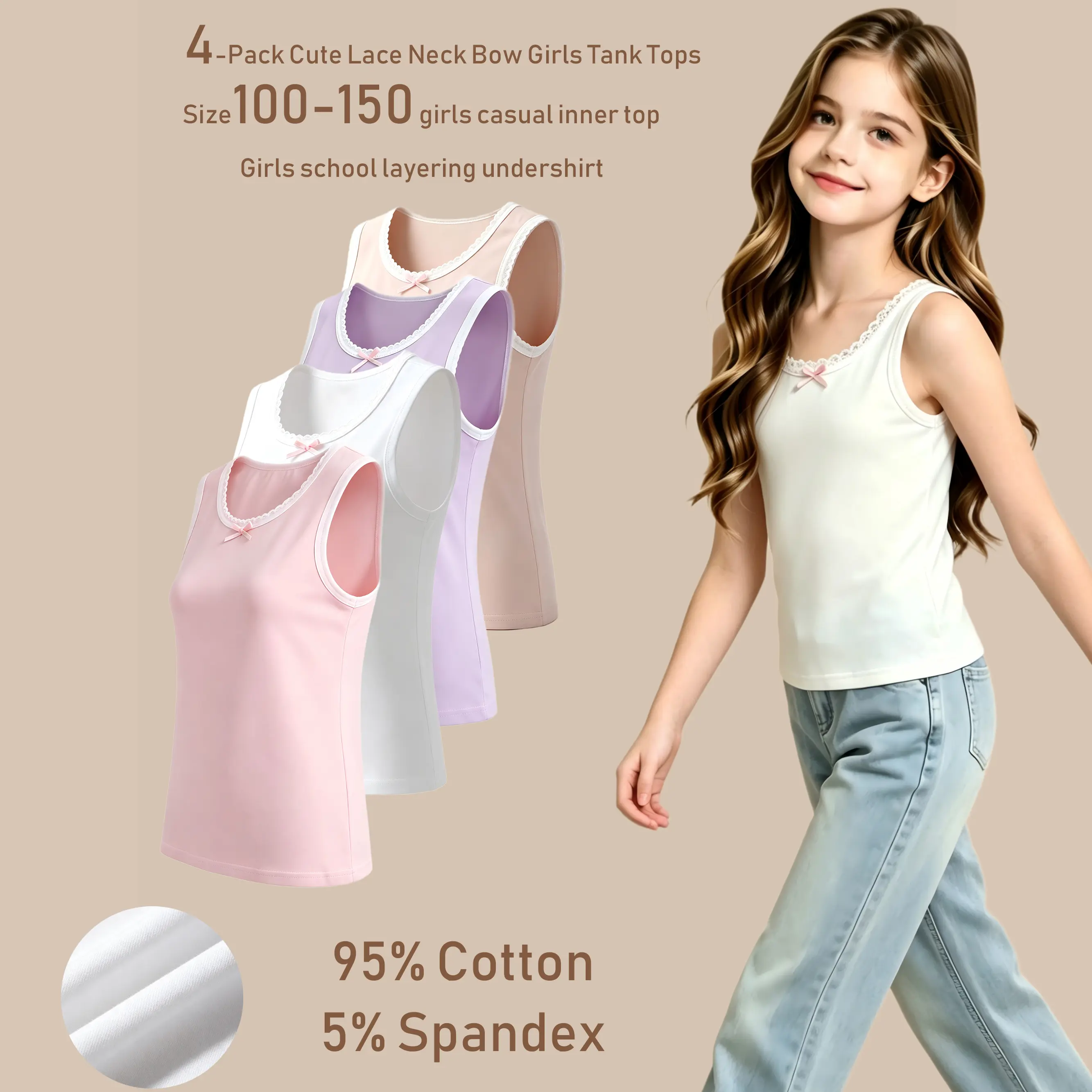 Girls 4 Pack 95% Cotton Sleeveless Tank Tops, Lace Neck Bow Solid Pastel Kids Layering Undershirts Size 100-150