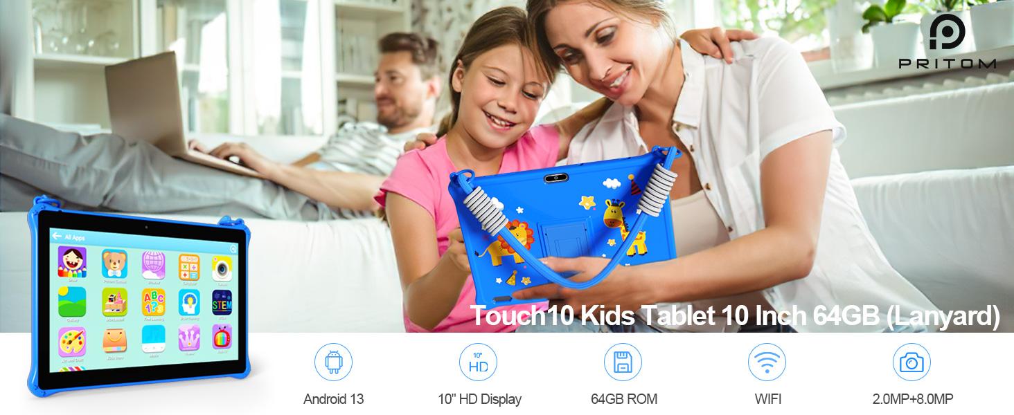 10 inch Tablets Android 13, Tablet with Lanyard 64GB, Quad-Core, HD IPS Display, WiFi, Dual Camera, Tablet for 3+ (Blue)