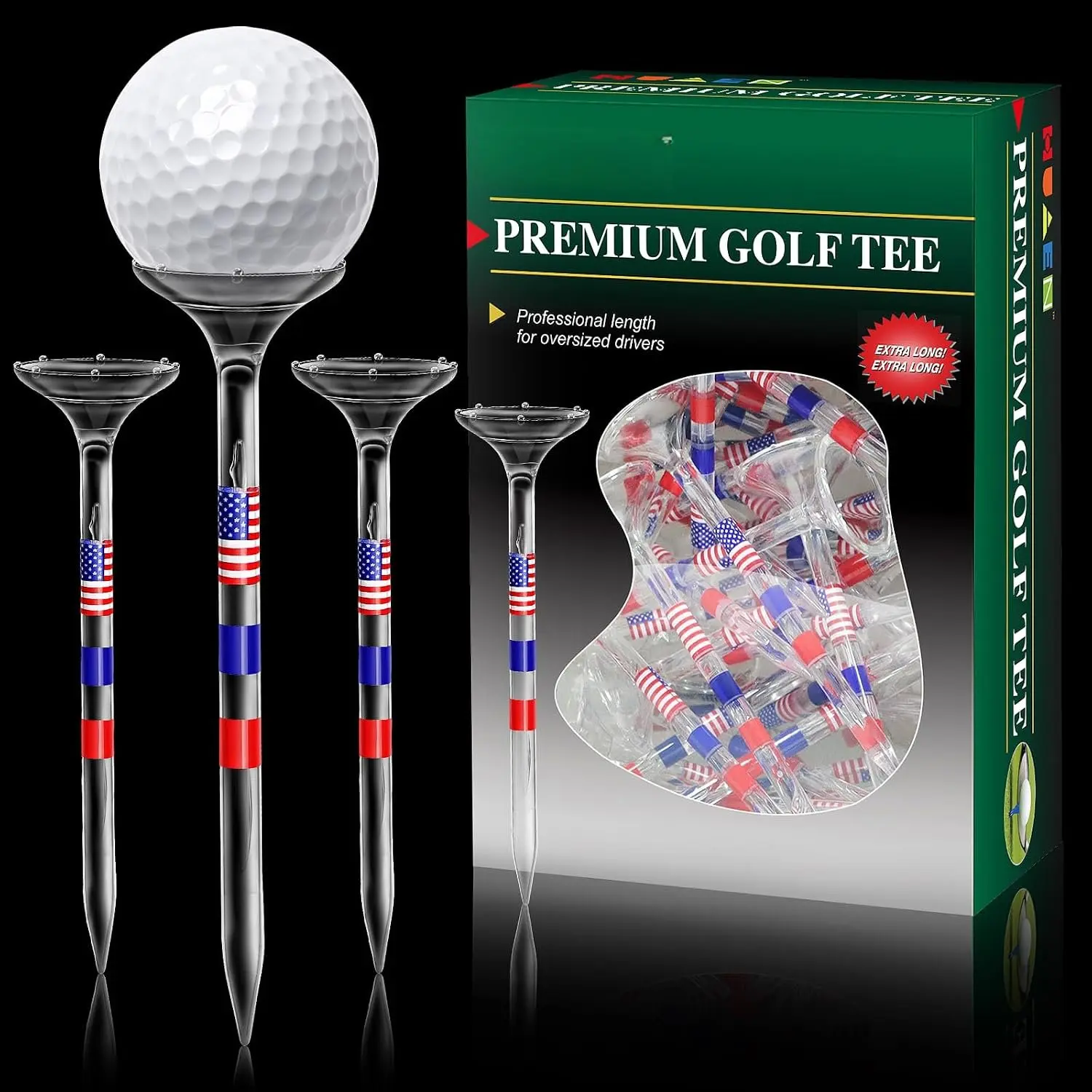 Golf Tees, Unbreakable Golf Tees Plastic Golf Tees 3 1/4" Transparent  Long Golf Tees Bulk, 50/60/100 Pack, Reduces Friction & Side Spin, Big Cup & 8 Prongs,  Flag Series