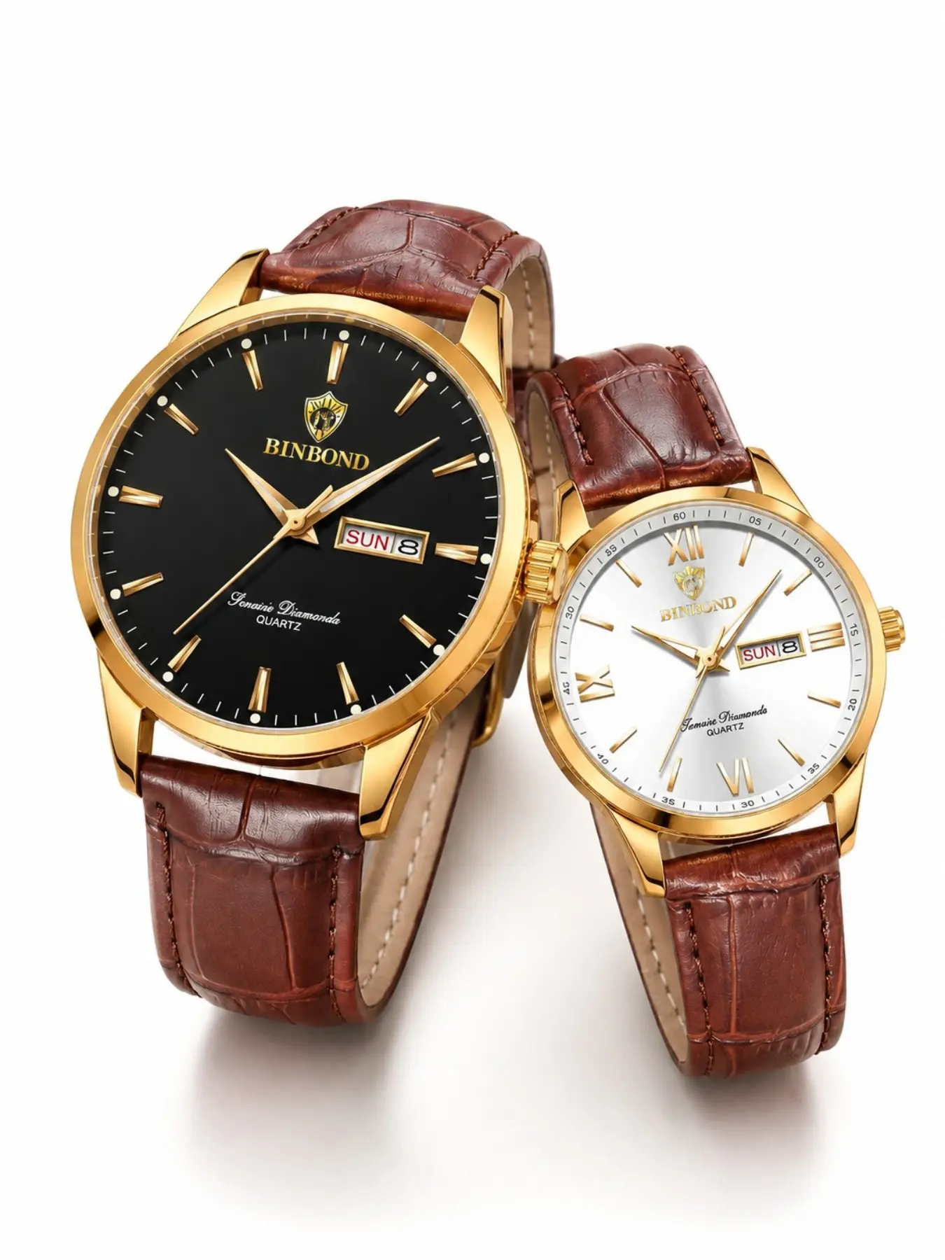 Couple Watch Gold Case Brown  Strap Men Black Dial Lady White Roman Dial Stick Marker Day Date Waterproof Quartz Wristwatch Luxury Formal Lover Watch Gift for Couple Parent Wedding Daily Analog Wristwatches
