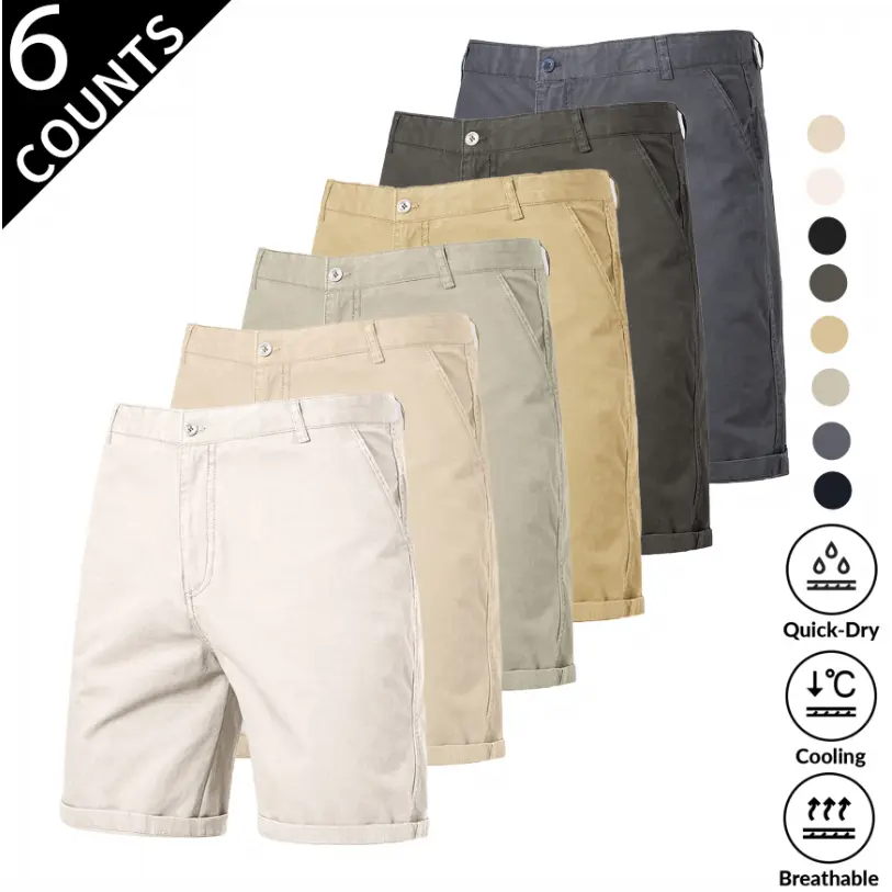 Men's 2026 Summer Premium Pure Cotton Loose Straight Fit Chino Shorts (6pcs, 7 Colors) - Khaki Menswear, Cooling Business Casual, Soft Breathable Skin-Friendly Fabric, Cuffed Hem, Button-Zipper Closure, Deep Side Pockets, Wrinkle-Resistant, Lightweight