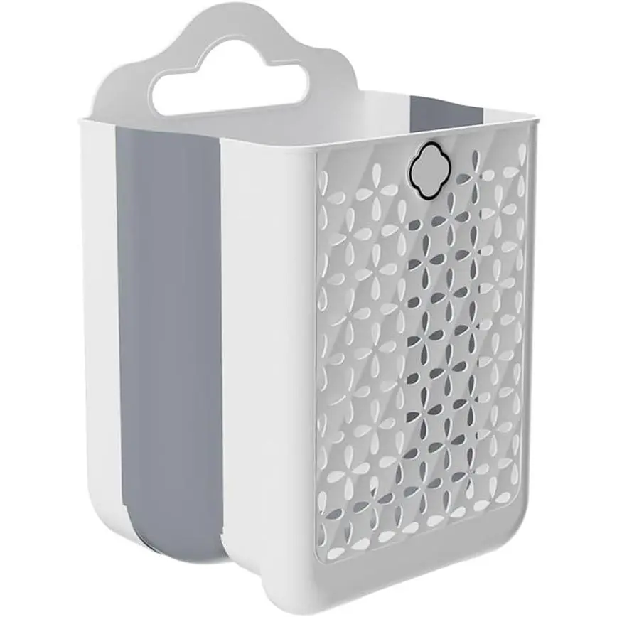 Collapsible Laundry Hamper, Household Foldable Dirty Wall Hanging Multi-Functional Hollow Storage Basket Large Capacity Storage Bucket, Plastic Collapsible Hanging Laundry Basket with Carry Handle