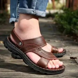 BDHJYDB Men's Summer Sandals, Casual First-layer Cowhide Beach Shoes, Comfortable Dual-purpose Genuine Leather Slippers& Outdoor Sandals
