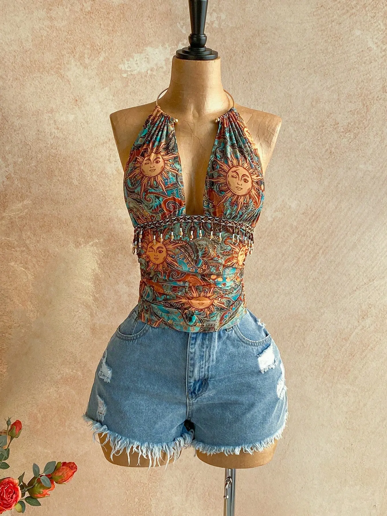 Summer Festival Style Sun Print Casual Halter Top, Beaded Neckline Decoration, Sleeveless Tank Top, Ethnic Pattern, Slim-Fitting, Unlined