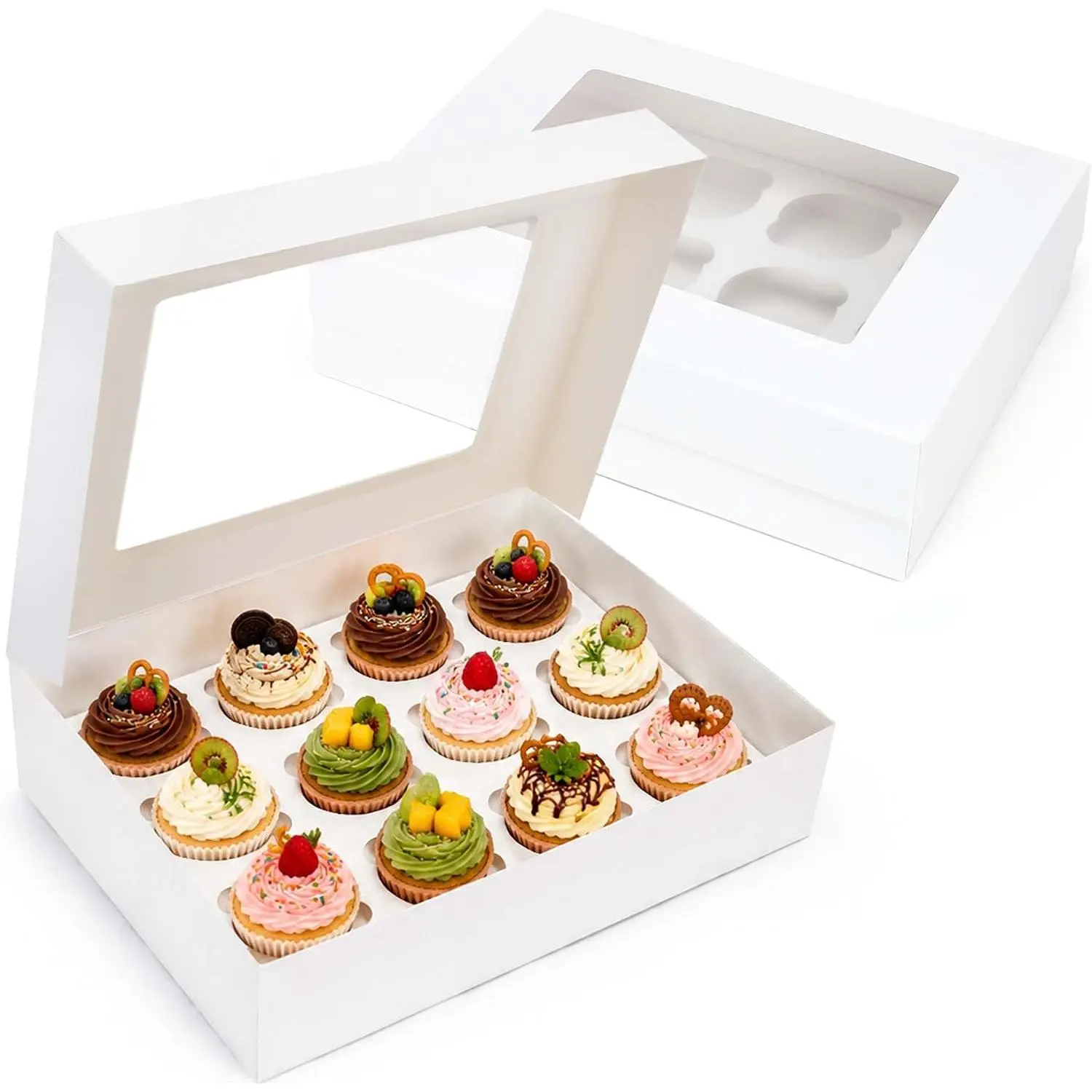 12 Count Cupcake Boxes, 2 Pack, Auto-Pop up, White |  Grade Cupcake Containers Holders for Birthday Holiday Party Bakery Supplies, 13x10x3.5 Inches