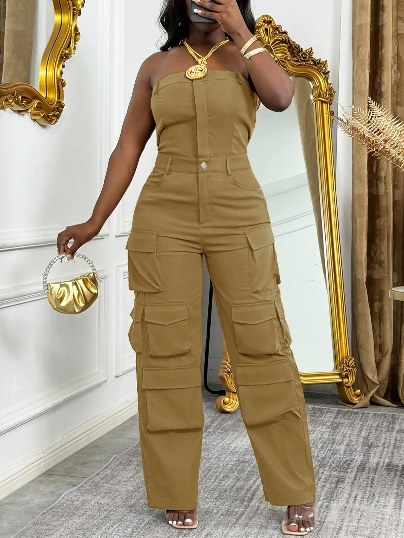 Women's Solid Flap Pocket Overalls Jumpsuit, Casual Street Fashion Strapless Sleeveless Jumpsuit for Daily Wear, Ladies Clothes for All Seasons, Solid Color Jumpsuit