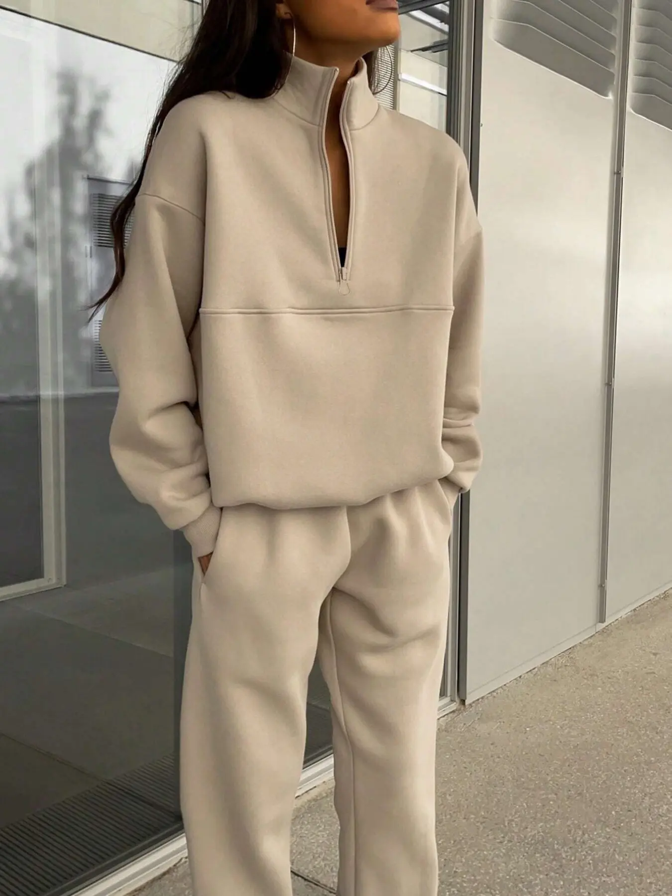 Women's Half-Zip Stand Collar Loose Sweatshirt + Cuffed Sport Long Pants Set, Athleisure Tracksuit, Casual Fashion for Daily Wear, Comfort & Style Combined