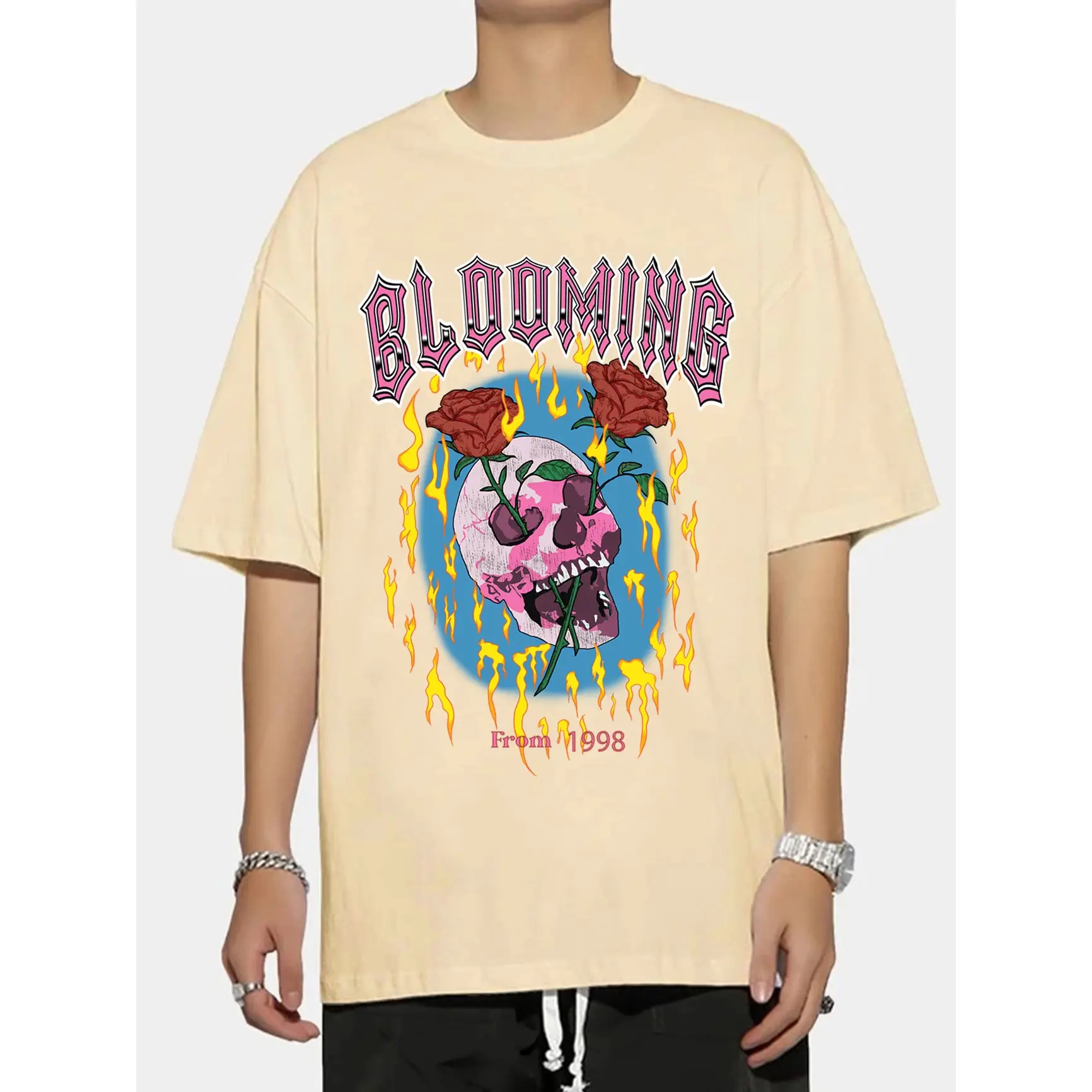 Skull Rose Flame Graphic T‑Shirt, Oversized Vintage Printed Craft Tee, Comfort Cotton Short Sleeve Top, Fashion Gothic Blooming Outfit For Men Women, Ideal Valentine’s Day Gift For Lovers Family Friends, Best Holiday Present For Punk Enthusiasts For Daily