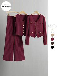 elegant knit v-neck gold-toned button vest & wide leg trousers with long sleeve cardigan three-piece sets