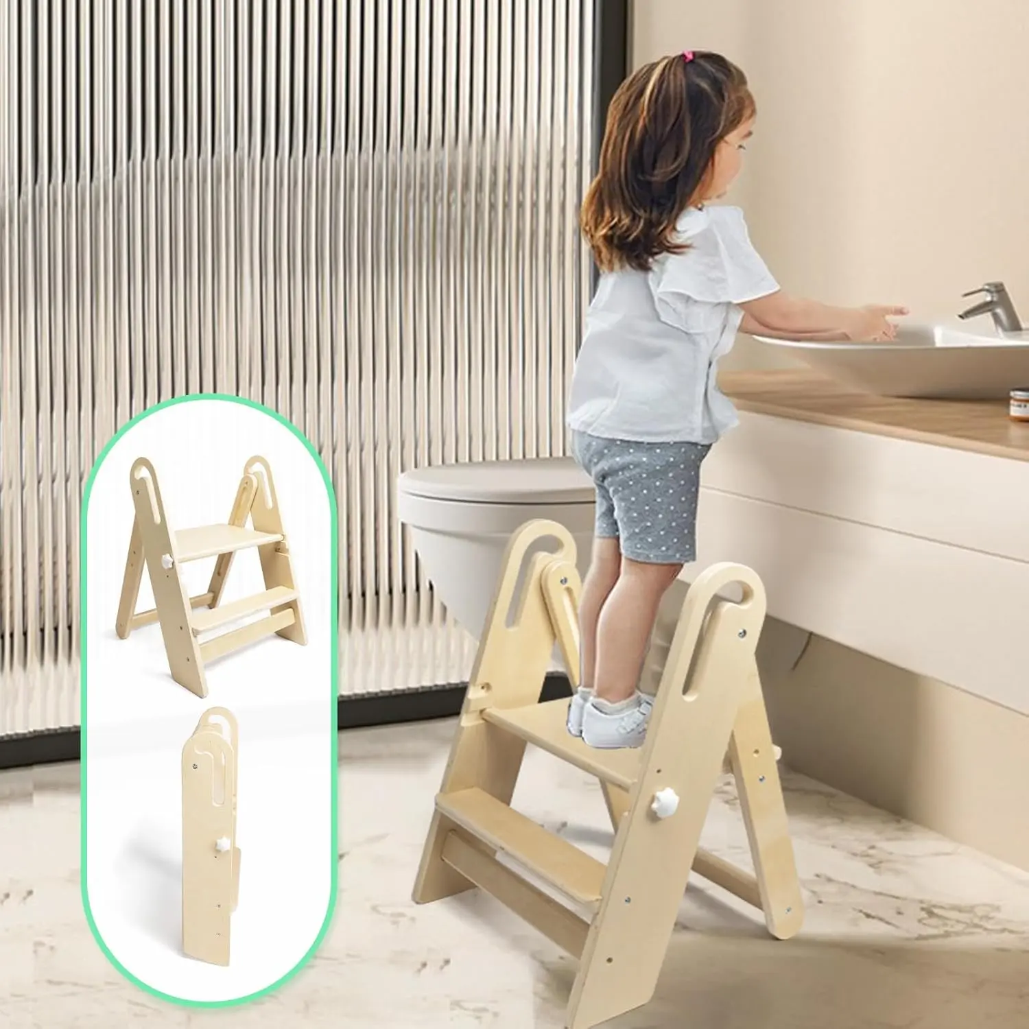 Foldable Adjustable Step Stool for Toddlers, Kids Potty Training Stool with Handles for Bathroom Sink Toilet, Montessori Helper Stool for Kitchen Counter