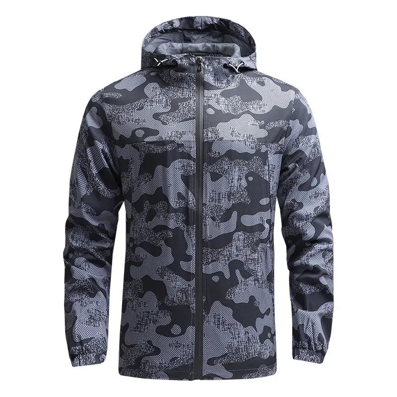 men camouflage windbreaker, hooded lightweight jacket, full zip outdoor wind coat, camo casual hooded jacket, drawstring hood windproof coat, streetwear camo outerwear