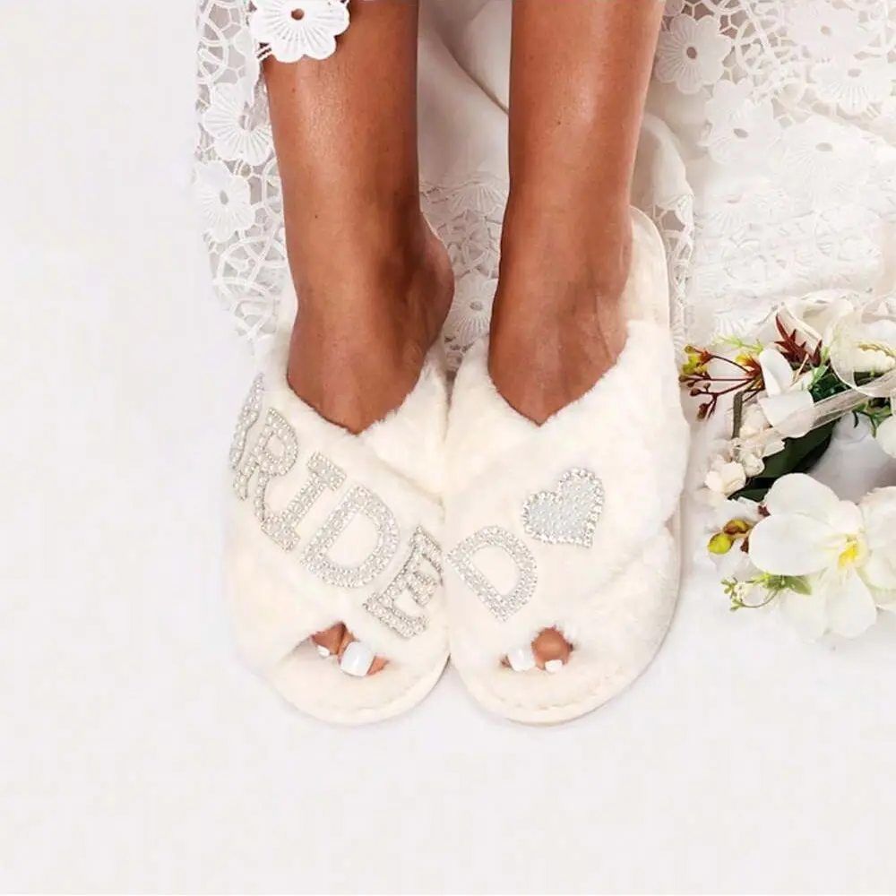 Pearl Initial BRIDE A-Z fluffy Slippers Spring autumn winter spa Sleepover rustic beach disco Wedding Morning engagement Bridal Shower Honeymoon travel Bachelorette hen night Party Bach Weekend Girls Trip bride to be decoration Future Mrs wifey Gift