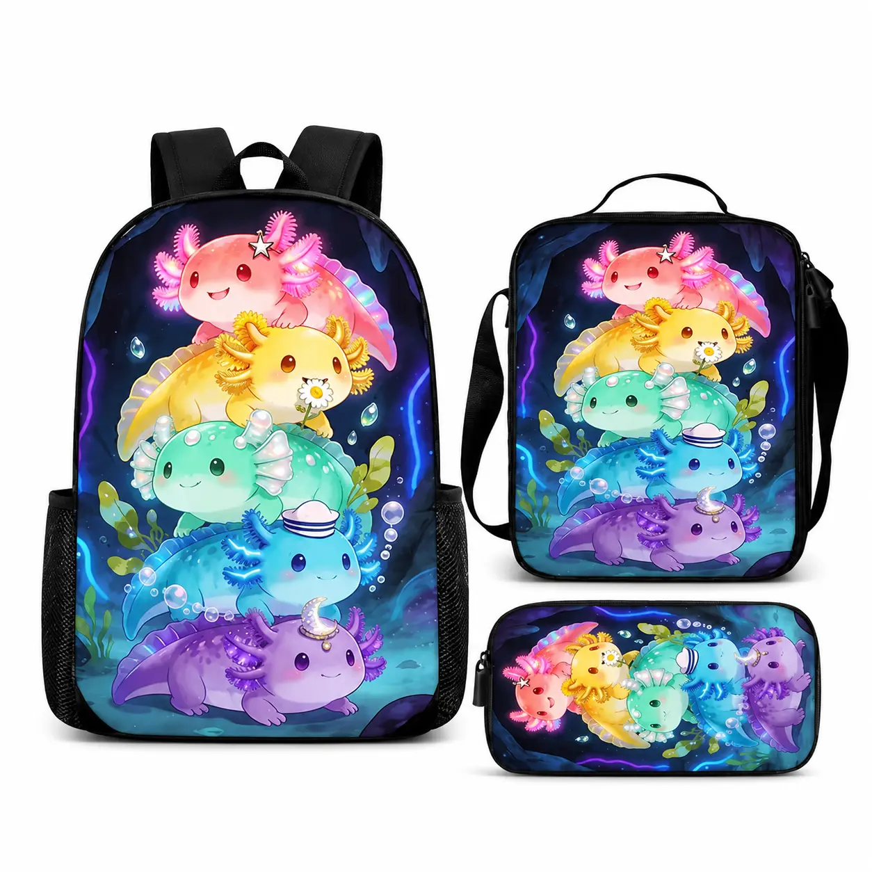 3PCS Kids Axolotl Backpack Set, Cute Colorful Underwater Animal Print School Bag Set with Backpack, Lunch Bag and Pencil Case, Kawaii Student Bookbag for Boys Girls, Matching Back to School Gift Set, back-to-school style