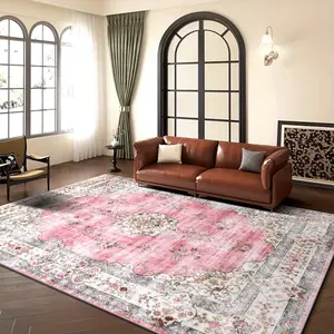 Velvet Area Rug, Soft Pink & Cream Distressed Persian Medallion Non-Slip Washable Carpet for Living Room Bedroom Nursery
