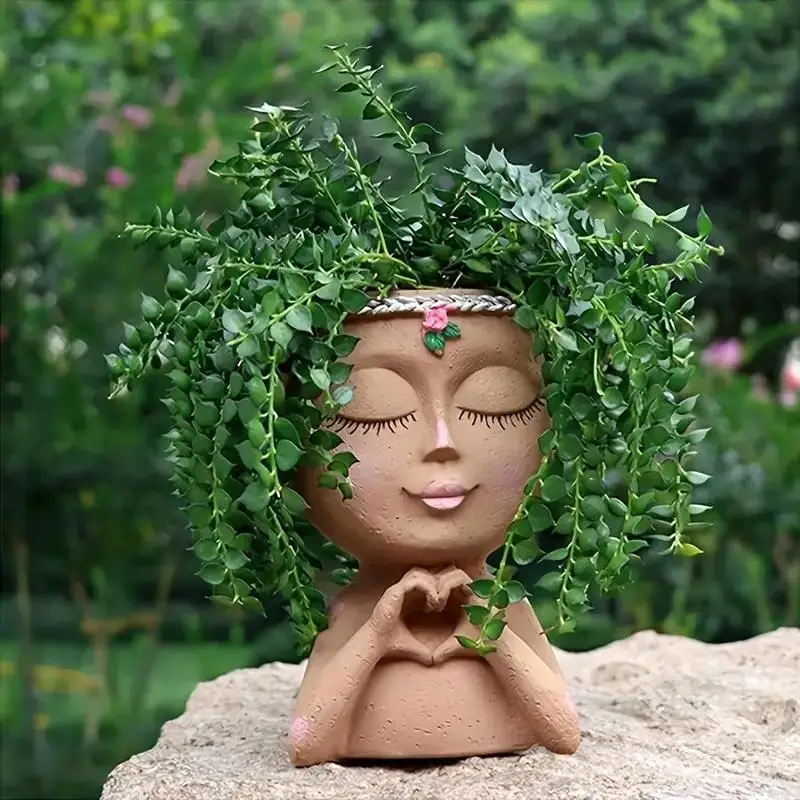 Resin Face Flower Pot, Girl Design Planter with Drainage Hole, Succulent Pot, Indoor & Outdoor Decor Supplies for Home Garden