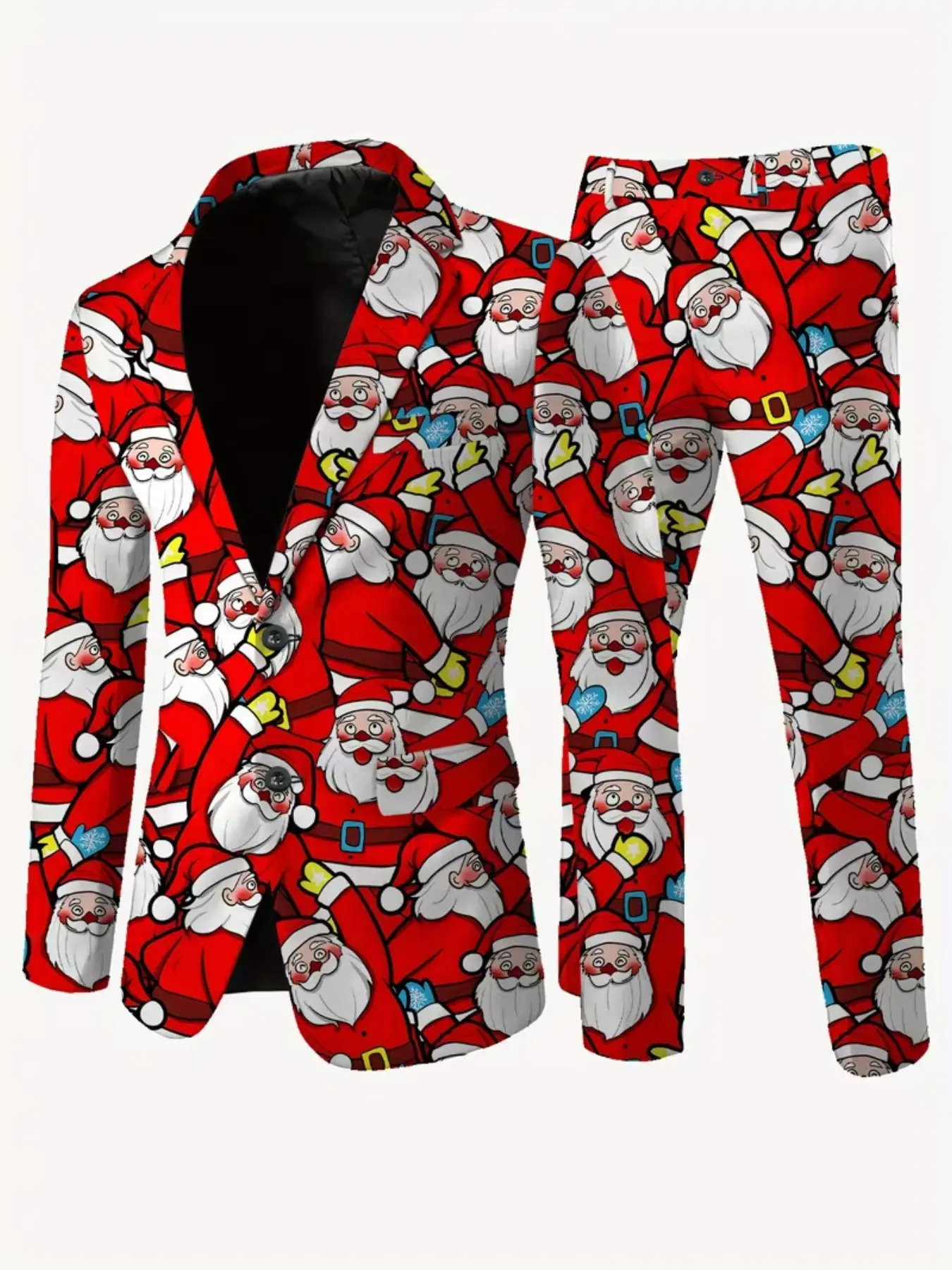 Men's Christmas Blazer Set, Cartoon Santa Full Print, Two-Button Jacket & Matching Pants, Party, Holiday Costume