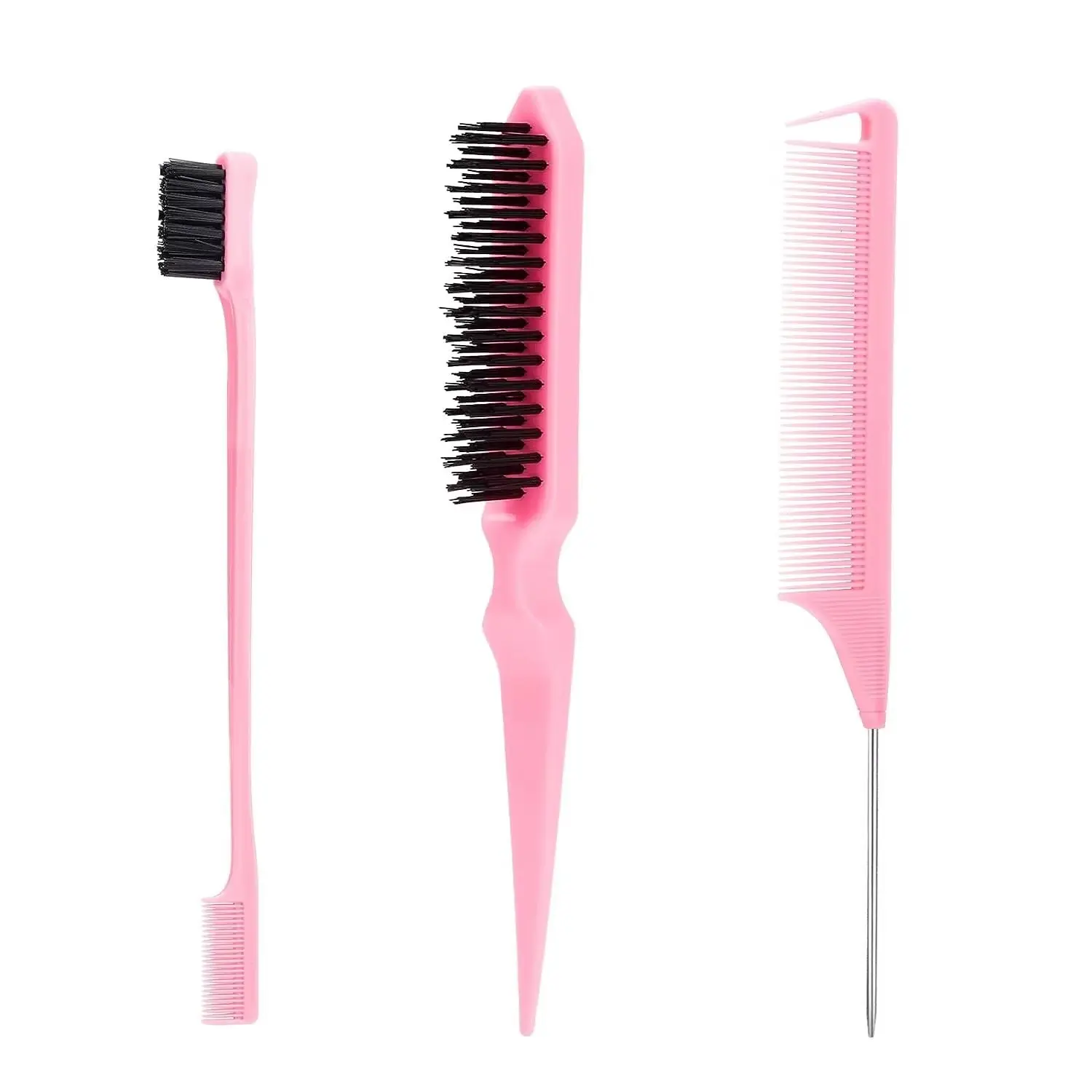 3Pcs Slick Back Hair Brush Set Teasing Hair Brush Triple Teasing Comb Rat Tail Combs Edge Brush Hair Tail Tools Braid Tool Loop Edge Control Brush