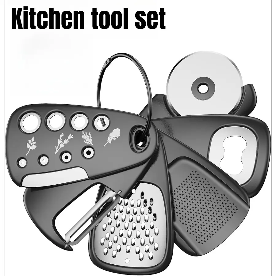 Unique Kitchen Utensils Gadgets Set 6 Pieces, Space Saving, Cheese Grater, Bottle Opener, Fruit Vegetable Peeler, Pizza Cutter, Garlic Ginger Grinder, Herb Stripper Gift Set