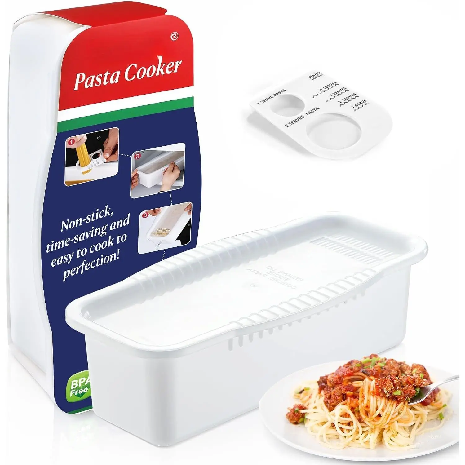 Microwave Pasta Cooker with Strainer Lid & -in Measuring Card |  Cook 1-4 Servings-No Mess, Sticking or Waiting for Boil, Pasta Cooker in Microwave for Dorm, RV,Kitchen & Quick Meals