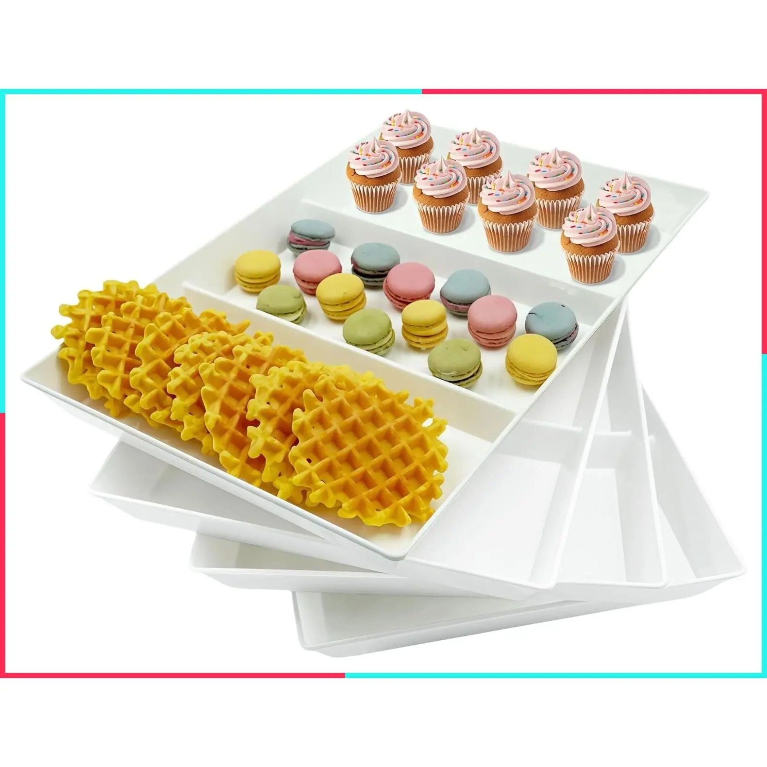 4 Pack 15" x 10" Divided Serving Trays, White Plastic Platters for Party - Fruit, Veggie, Appetizer, Snack, Dessert, Cookie, Brunch - BPA-Free