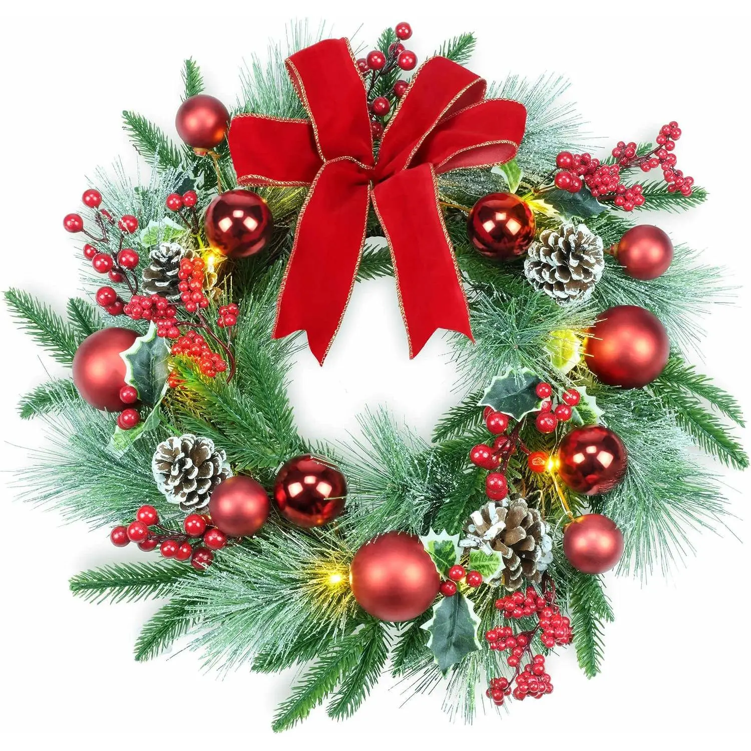 20" Pre-Lit Red Christmas Wreath, 20 Fairy Lights  Operated | Red Bowknot & Baubles, Pine Cones, Red Berries, Green Leaves Holly, Spruce Branches, Pine