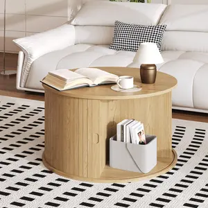 28" Round Coffee Table with Storage, Mid-Century Modern Fluted Wood Accent Table with Sliding Tambour Door, Circular Center Table for Living Room & Apartment