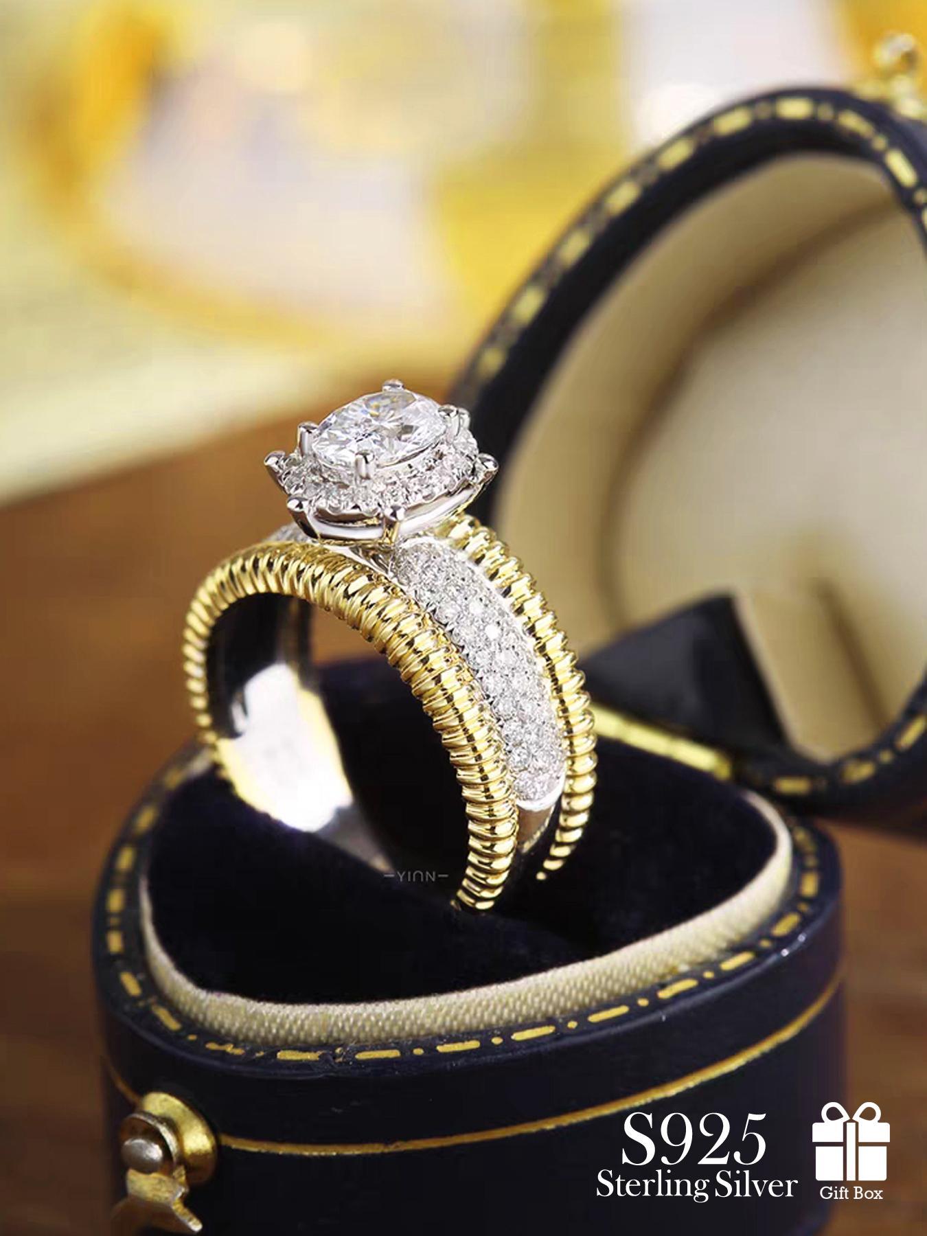 925 Sterling Silver Fashion Artificial Diamond Wedding Ring, Engagement Ring for Women, Trendy All-match & Exquisite Jewelry for Birthday Gift, Promiserings, Elegant Fashion Rings