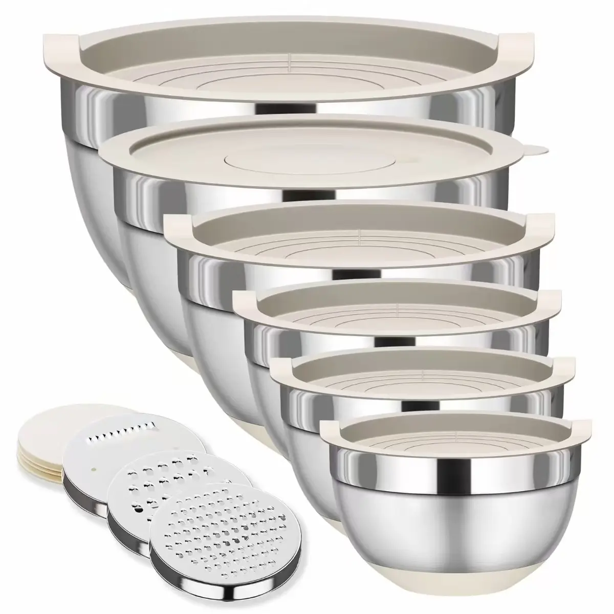 Stainless Steel Bowl Set, 6 Counts/set Salad Bowls with Grater & Lid, Non-slip Bowl Set for Salad, Fruit, Vegetable, Kitchen Accessories