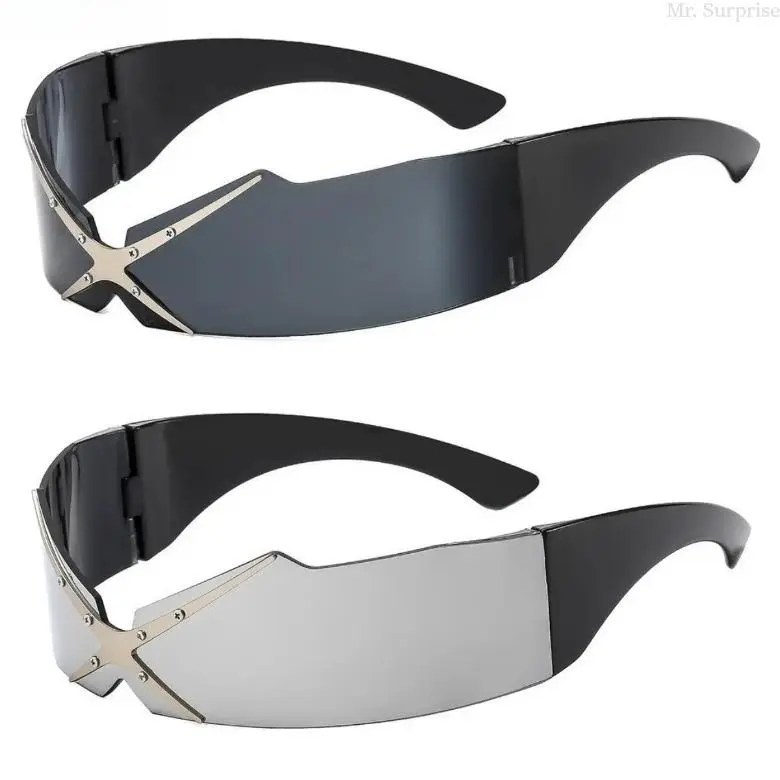 Unisex 2-Pack Cyber Punk Y2K Wrap Around Shield Sunglasses, Futuristic Oversized UV400 Protective Trendy Shades, Fashion Eyewear Accessory for Rave Music Festivals, Street Shooting, Theme Parties and Daily Casual Styling