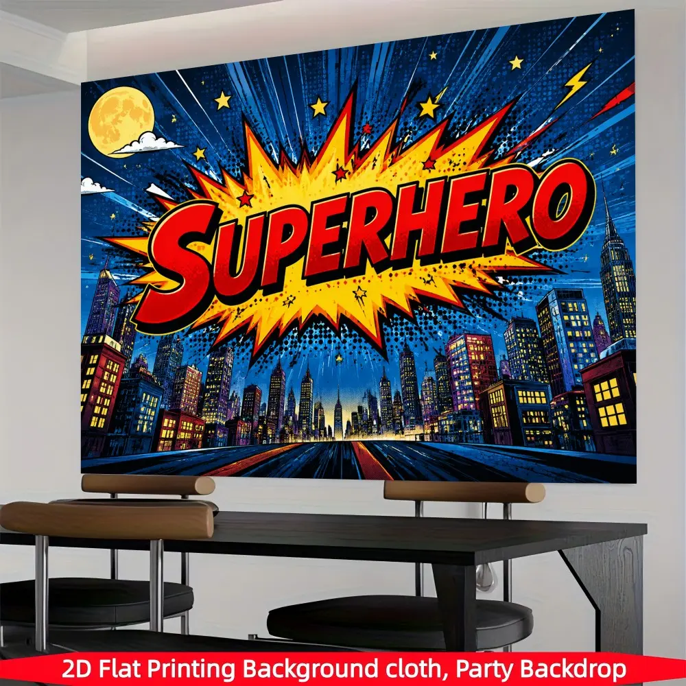 1PC 2D Flat Superhero Comic City Themed Backdrop, Superhero Birthday Party Photo Background, for Bedroom, Art Wall, Home Decor, Themed Gathering, Polyester, Indoor and Outdoor