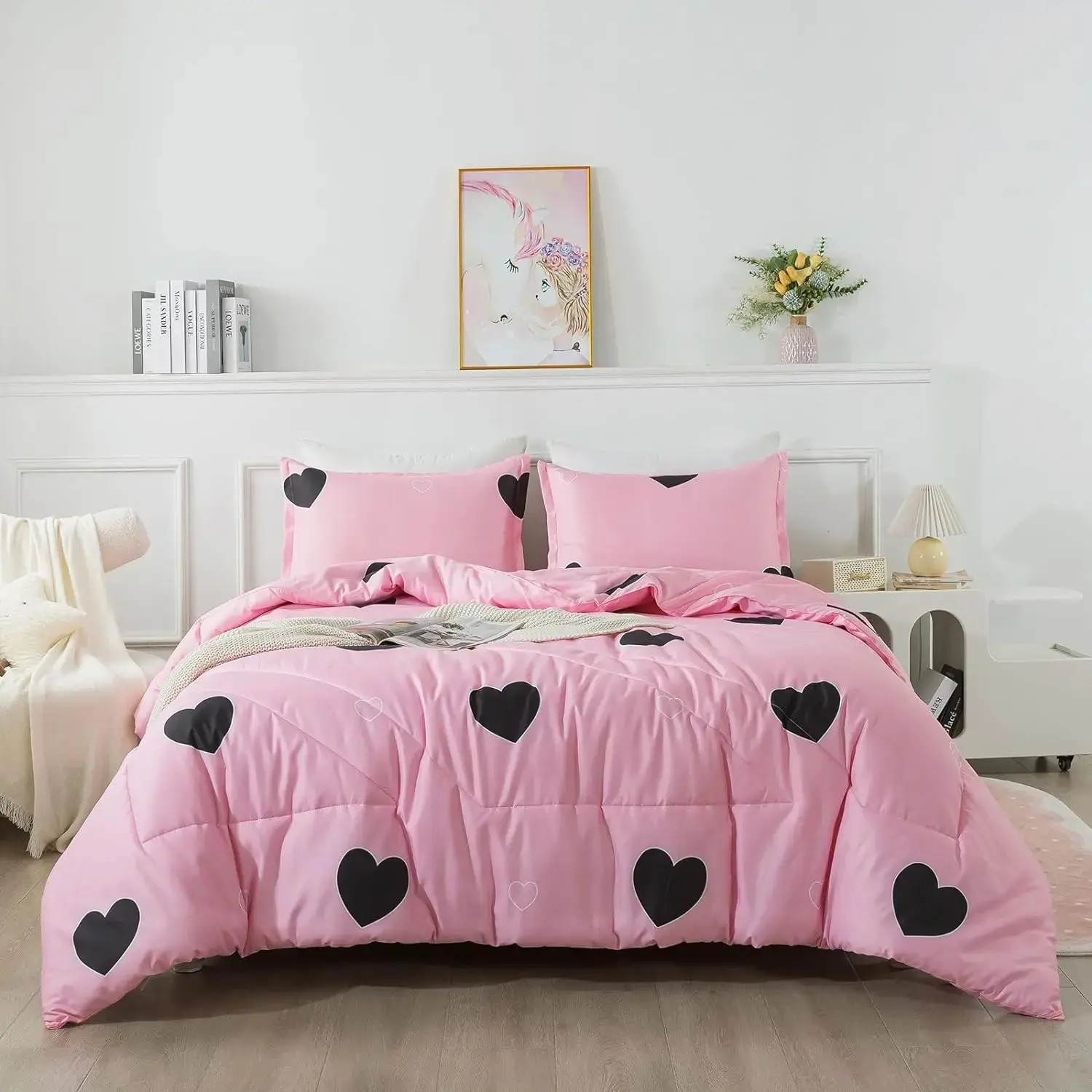 Love Pattern Girls Pink Comforter Set Full Size, Blush Pink Cute Love Heart Sexy Comforter Bedding Set for All Seasons, Geometric Microfiber 3 count Comforter Set with Pillowcases