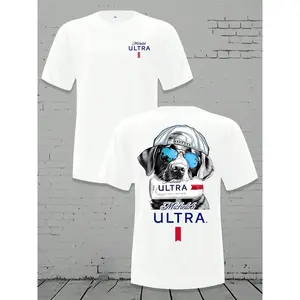 Michelob Ultra Cool Dog Men's Loose Fit T-Shirt, Soft Cotton Short Sleeve Crewneck Tee, Casual Graphic Shirt with Sunglasses & Cap Design, Everyday Comfort Top  Vintage  Retro  Y2k