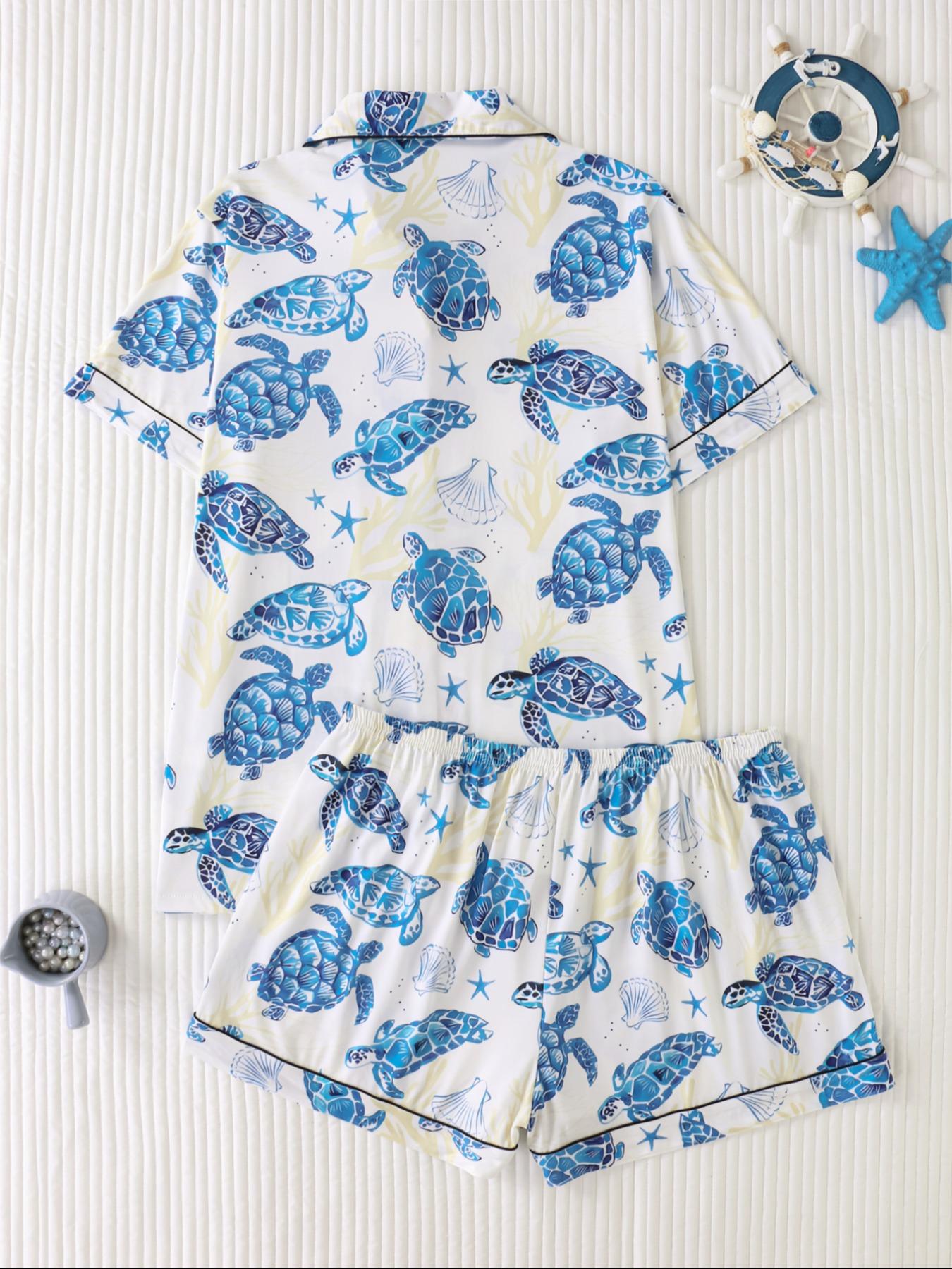 Women's Turtle Print Shirt & Shorts Pajama Two-piece Set, Casual Comfy Short Sleeve Top & Shorts Pajama Set, Ladies Summer Sleepwear & Loungewear
