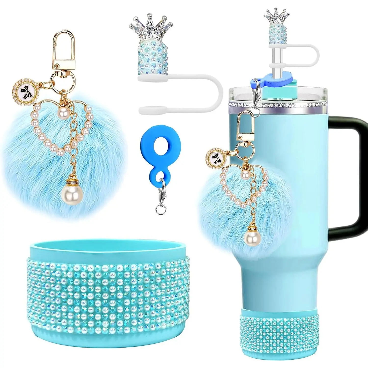 Rhinestone Straw Topper Set for  30oz 40oz, Blue Cup Accessories | 3 count blue set includes rhinestone straw topper, glitter  boot and pom charm. Fits for  30oz/40oz tumblers.