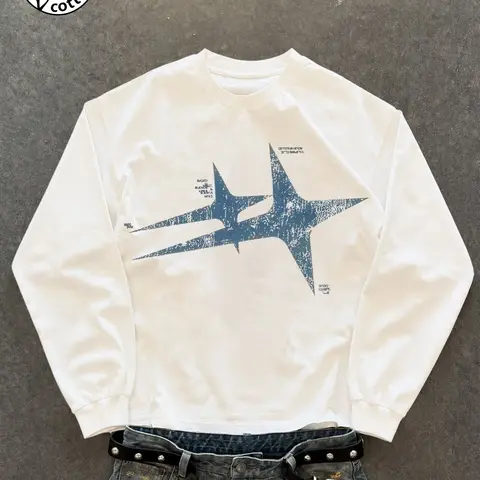 Vintage Classic Cracked Star Print Cotton Long Sleeve T-Shirt, Y2K Rock Style Loose Fit Round Neck, Comfortable Casual Wear for Outdoor and Daily Use