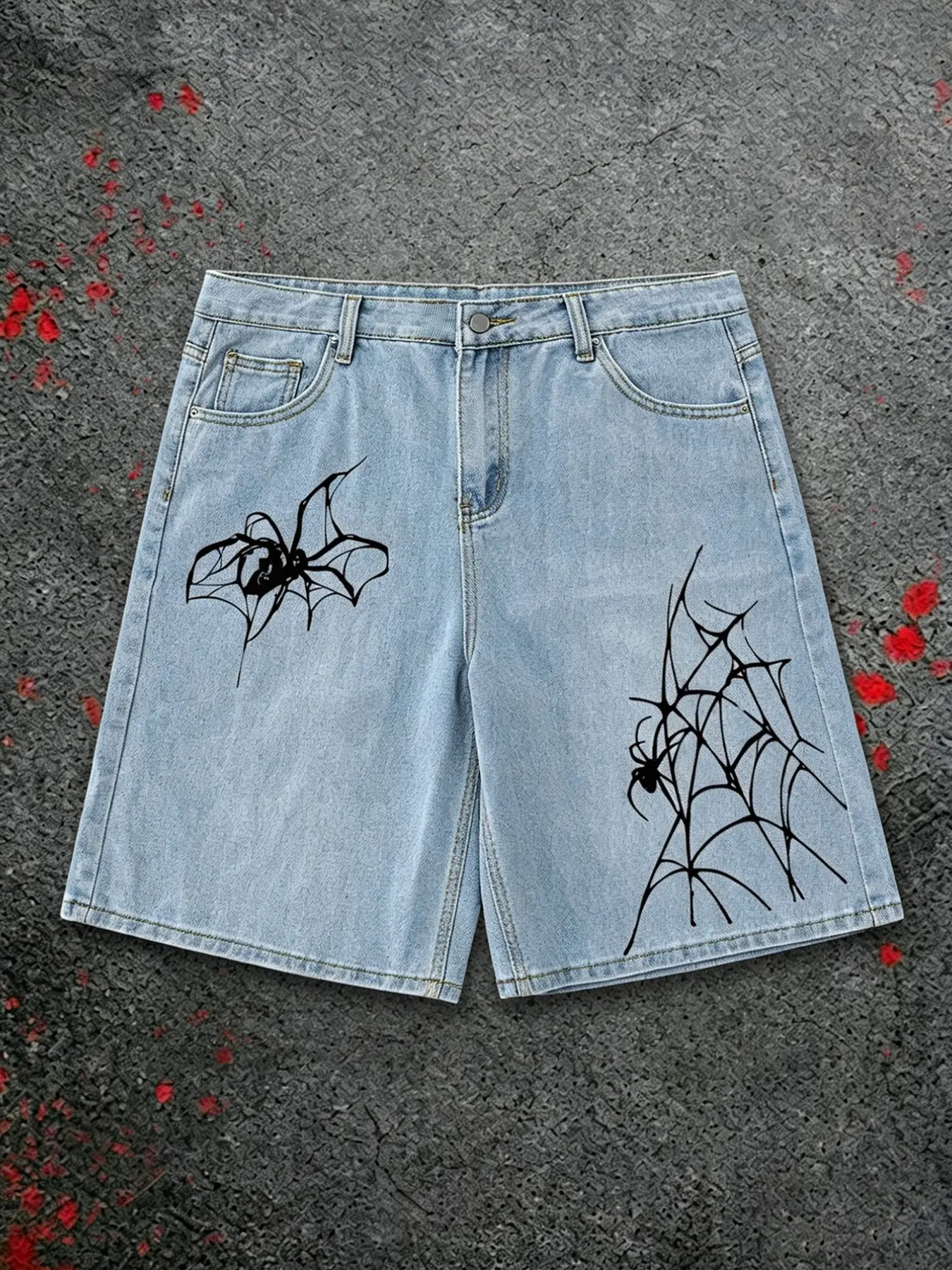 Light Blue Washed Denim Five-Pocket Shorts, Asymmetrical Spider Web Print, Loose Fit Streetwear, Unisex Y2K Style, Design