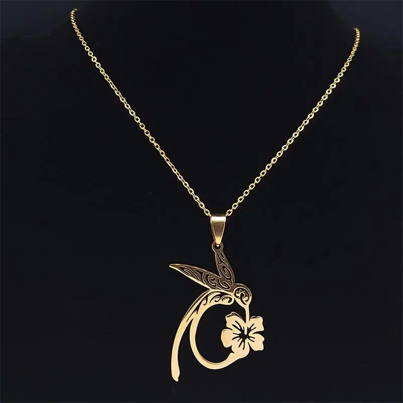 Women's 304 Stainless Steel Hummingbird & Hibiscus Flower Pendant Necklace - -Toned Elegant Bird & Flower, Durable Tarnish-Resistant Chain, Hawaiian/Tropical Inspired,, Parties (Year-Round Wear)