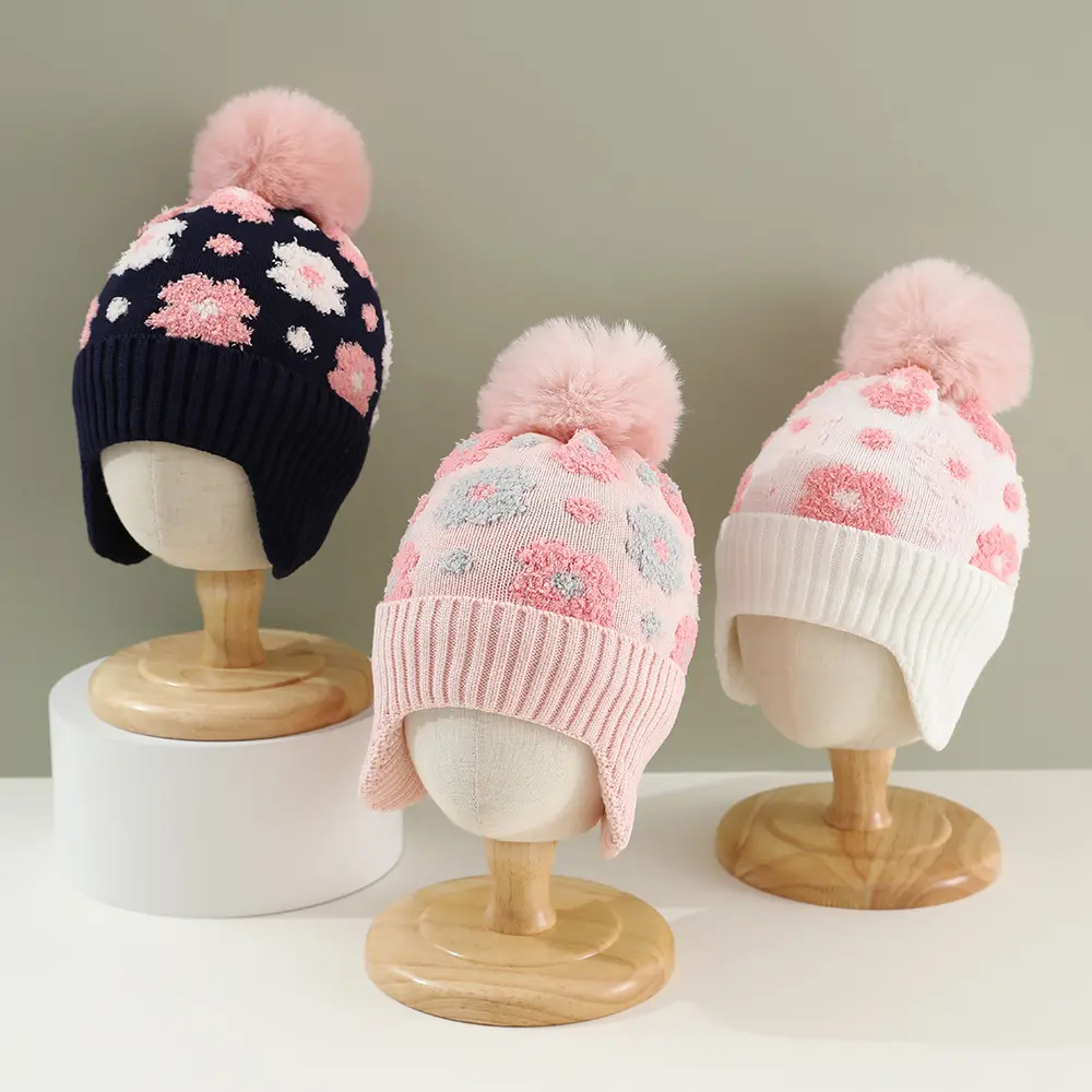 Kids Floral Knit Ear Flap Winter Hat with Fuzzy Pom Pom, 1-3-Piece Multi-Color Fashion Headwear Packs