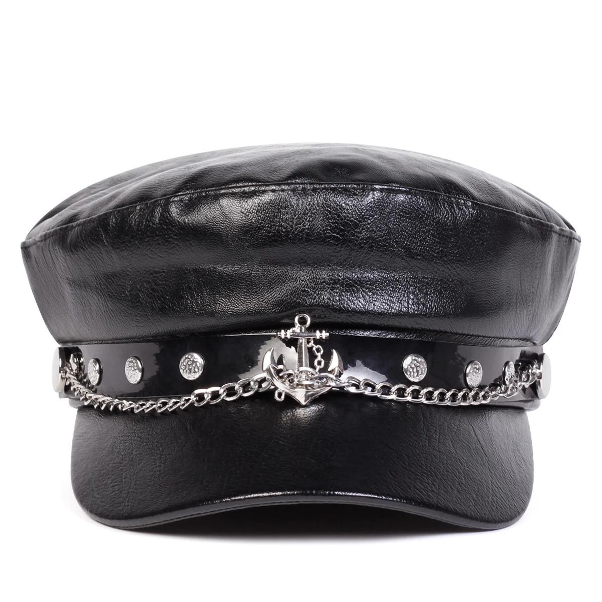 Unisex Ship Anchor Chain Buckle Leather Hat Spring Autumn Sailor Hats Black Beret Cap Men Flat Top Captain Military Caps