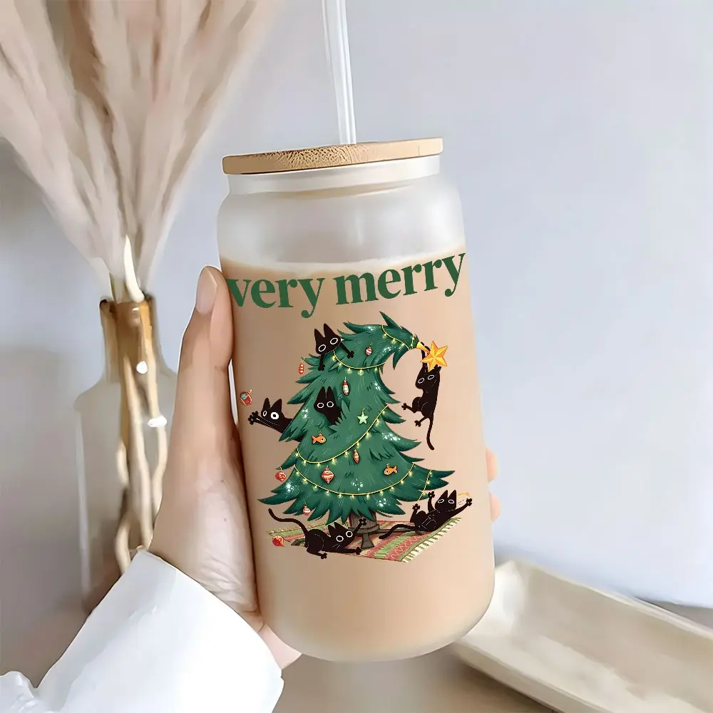 Funny Cat Christmas Design Glass Cup with Lid & Straw,1 Counts 16oz Drinking Glasses, Portable Iced Coffee Cups for Home Office Party Dormitory Picnic, Premium Drinking Glasses, Stylish Drinkware,Glassware