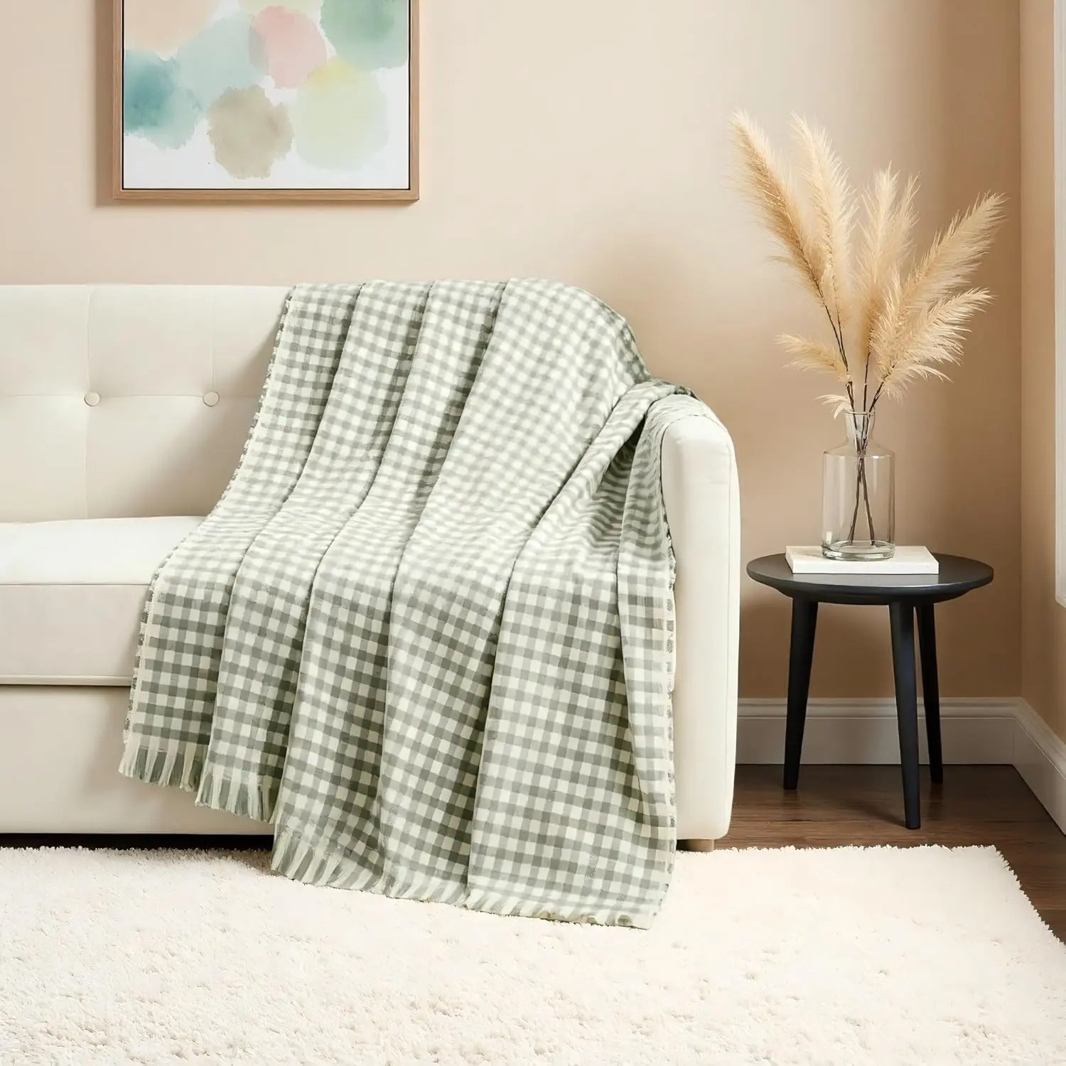 CREVENT Knit Blanket Vintage Plaid Fringe , Bohemian Minimalist Style, Cozy Throw Blankets, Lightweight Breathable Sofa Blanket, All-Season Decorative Throw