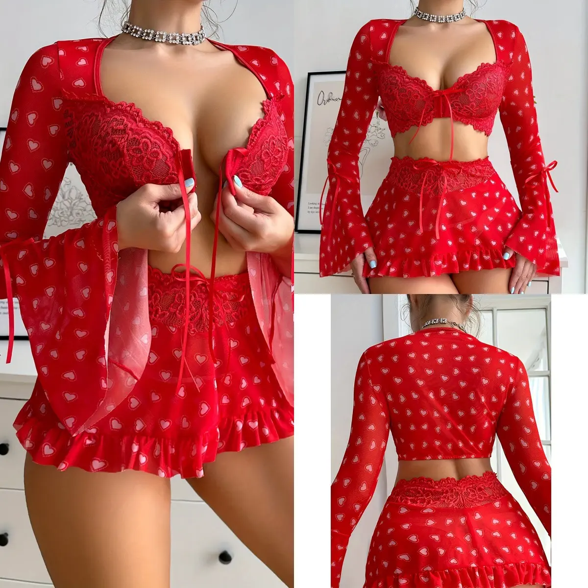 Women's 3-Piece Polyester Red Heart Print Mesh Lingerie Set - Floral Lace Underwire Bra, Ruffle Mini Skirt, Long Flare Sleeve Sheer Cover Up, Valentine's Day Sexy Outfit