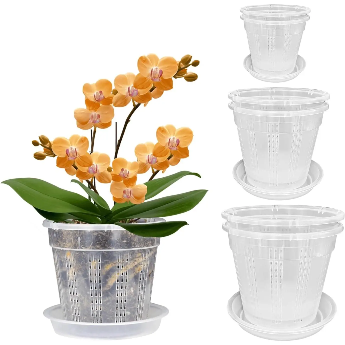 Orchid Pot with Saucers, 6 Pack Orchid Pots with Holes, 2 Each of 4.3",5.5",6.1" Clear Plastic Planter for Indoor Outdoor  (2 Each of 4.3,5.5",6.1" with Saucers)