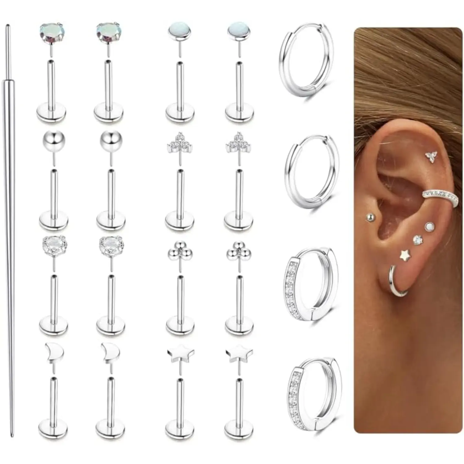 Sanfenly 316L Surgical Steel Threadless Body Jewelry - 16G/18G/20G Push-in Flat Back Studs, Round Hoops, CZ & Opal Inlaid, Hypoallergenic 16 Pairs (6mm/10mm) for Women's Ear Nose Piercing Daily Wear, Push-In Studs, Hoop Earrings, Female, Casual