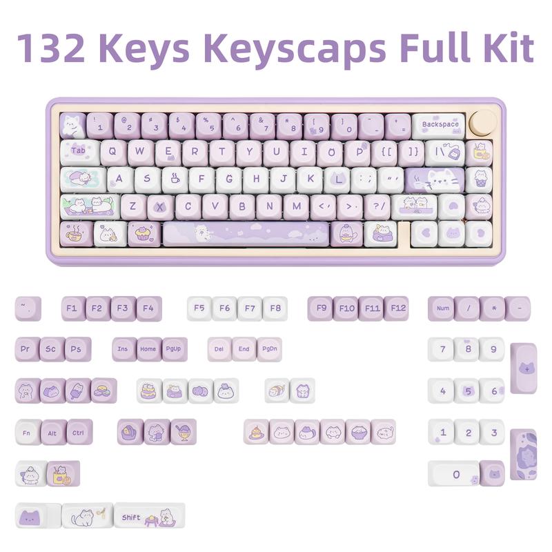 COOMICKEY PBT Keycaps MOA Profile 132 Keys Dye Sublimation Purple Cute Cat Customized Set for ANSI Cherry MX Switches Mechanical Keyboards with Keycap Puller